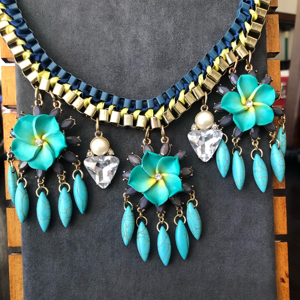 Faux Turquoise Floral Chain & Ribbon Stmt Necklace